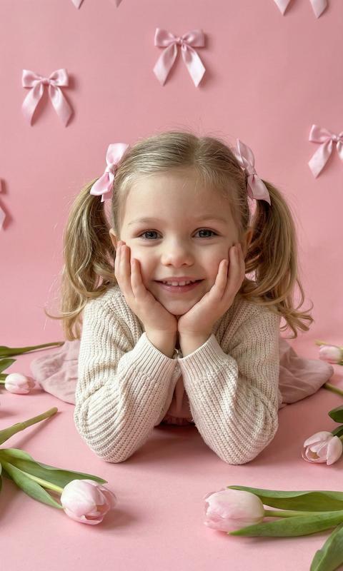 STRICTLY preserve the 1:1 appearance — face, features, proportions, skin texture, age, natural tone without retouching, photo is the benchmark for appearance. Format 9:16. Close-up portrait to the chest, face fully in focus. Girl lying on her stomach, leaning on her elbows on the floor, palms symmetrically supporting her face, fingers gently touching her cheekbones, gaze directly into the camera, lively smile. Hair gathered into two pigtails on the sides with a pink satin ribbon. She is wearing a cream knitted cardigan with a distinct texture and a powder-pink dress. Light pink tulips with natural stems are casually scattered all around. Studio background: light pink matte wall and floor, on the wall, medium-sized pink voluminous satin bows, soft natural shadows from them. Shot on iPhone 26mm, f/1.8, ISO 90, 1/250. Bright diffused daylight from the front, exposure slightly increased, clean white balance, slight natural sensor noise, no HDR, no skin smoothing, no AI-look, maximum photorealism.