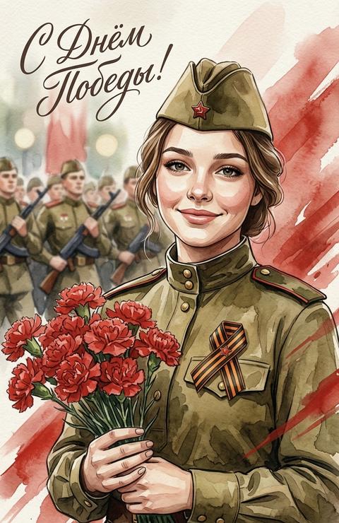 Портретная иллюстрация в стиле художественной акварели и винтажного советского плаката: молодая женщина в полевой советской форме и пилотке с красной звездой, по грудь, в центре композиции, держит букет алых гвоздик обеими руками; на груди георгиевская ленточка. Тёплая палитра бежевых, оливковых и насыщенно-красных тонов, фон — акварельные красные разводы и слегка размытый строй солдат с винтовками, перспектива парада, надпись сверху слева каллиграфией на русском языке «С Днём Победы!», текстура бумажной зернистости, мягкое кинематографичное освещение, высокодетализированное лицо, натуральный макияж, реалистичные глаза, аккуратные штрихи и тонкие тени, глубокая резкость на фигуре и букетe, мягкое боке на фоне. Не меняй черты лица 