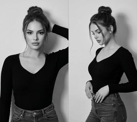 Не меняя внешности женщины с фото, перед нами предстает изысканная черно-белая композиция из четырех кадров, где она предстает в тонко выписанных эмоциональных и пластических позах на фоне светлой стены. Женщина одета в обтягивающий черный топ с V-образным вырезом, подчеркивающим линию декольте, и темные джинсы с высокой посадкой, ткань которых можно различить в деталях благодаря контрастному светотеневому рисунку. В каждом фрагменте игра света обещает пленительный контраст: мягкий, но направленный источник освещения сбоку создает аккуратные тени на лице и теле, делая черты более выразительными и объемными. Волосы убраны в небрежный пучок с несколькими свободно выбившимися прядями, что придает образу легкую неформальность и динамичность. Взгляд женщины варьируется от прямого, устремленного в камеру, до задумчивого и отстраненного, но везде сохраняется ясность черт, резкая четкость глаз и выразительный макияж с подчеркнутыми ресницами и объемными губами, отражающими задумчивую или уверенную внутреннюю энергию. Позы разнообразны: от строго фронтальной с поднятой рукой за головой до полуоборотного ракурса, где ярко видны изгибы фигуры и напряжение мышц, а также случая с руками на пояснице, подчеркивающими осанку и женственные формы. Тени стены, повторяющие контуры женщины, добавляют глубины и драматизма в кадры, создавая эффект классического кинонуара. Общее ощущение выдержано в стилевой сдержанности и высокой художественной выразительности, где каждая деталь буквально оживает под мягким светом, а атмосфера наполнена тонкой игрой света и тени, строгой элегантностью и внутренним настроением. Этот образ прост и вместе с тем многогранен, демонстрируя художественный баланс между модерном и классикой, визуально насыщенный и эмоционально глубокий, фотореалистичное изображение, высокая текстурная детализация, высокое качество, разрешение 8K.