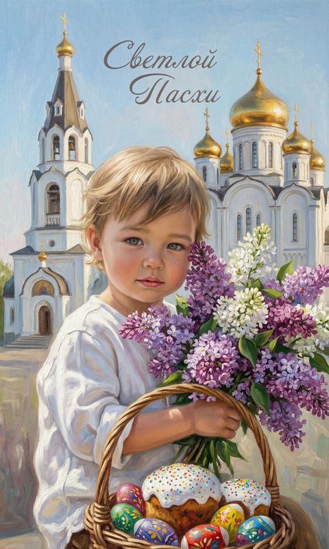 Создай портрет, не меняя черты лица, возраст и волосы. Живописный портрет в стиле масляной живописи, выполненный в мягких весенних пастельных тонах. Вертикальная композиция 9:16.
Ребёнок одет в белую одежду из льна,
Он обнимает огромный букет сирени и держит в руках плетеную корзину с ярко-разукрашенными пасхальными яйцами и пасхальными куличами с белой глазурью, и посыпкой.
Фон — белый храм с золотыми куполами. Видны мазки масляной краски, фактура холста.
Текст в свободной зоне элегантным каллиграфическим шрифтом на русском языке:
«Светлой Пасхи»
Мягкий рассеянный дневной свет, тёплая палитра, атмосфера нежности и уюта. Высокое разрешение, детализированная текстура мазков.