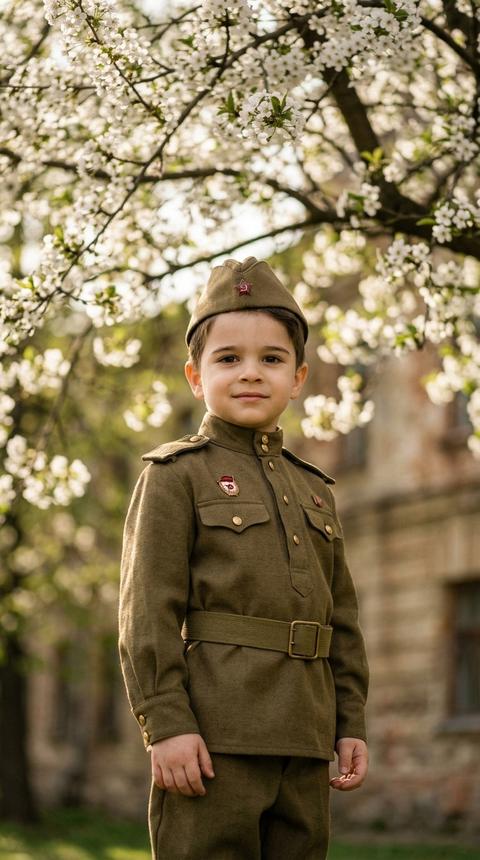 Создай портрет, не меняя черты лица. портрет ребенка в винтажной военной форме времён середины
XX века на фоне цветущего весеннего дерева, он стоит по пояс в кадре, корпус слегка развернут к камере, плечи расправлены, на нем  пилотка с красной звездой, смотрит в камеру выражение лица светлое и вдохновлённое,  ремень с металлической пряжкой подчёркивает талию,  вокруг ветви цветущего дерева с нежными белыми цветами, мягкий тёплый
дневной свет (soft spring sunlight),
лёгкое боке на фоне здания, cinematic historical portrait
photography,
85mm lens, f/2, ISO 100, высокая детализация ткани формы и кожи, тёплая естественная цветокоррекция, профессиональная съёмка, вертикальный кадр 9:16 