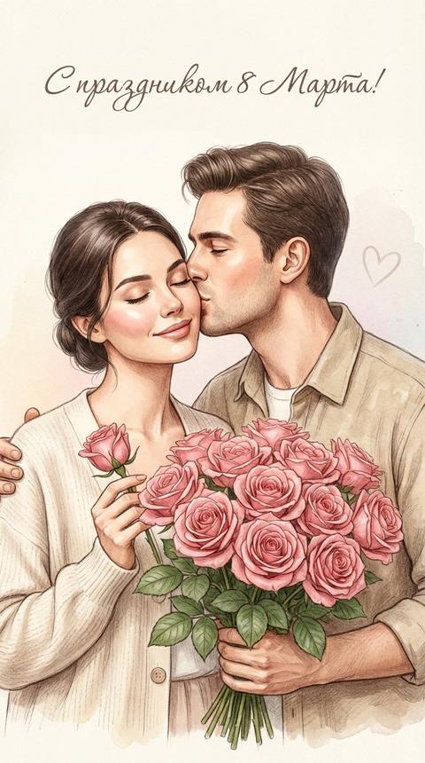 Нежная высокодетализированная цифровая иллюстрация/акварельно\-карандашный арт в романтическом винтажном стиле: вертикальный кадр 1:1, средний план по грудь, камера на уровне глаз, легкий 3/4 поворот влево; взрослая женщина слева в мягком халате/кардигане кремово\-бежевого оттенка держит в левой руке один розовый бутон и правой поддерживает большой букет; мужчина справа, чуть позади и выше по линии плеч, наклоняется и целует женщину в щеку, профиль мужчины , направлен влево; выражение лица женщины спокойное, умиротворенное, с закрытыми глазами и легкой улыбкой, у девочки нежная сосредоточенность в момент поцелуя; букет в центре и на переднем плане — множество крупных роз насыщенно\-розового цвета с аккуратными лепестками, детализированными прожилками, матово\-шелковистой фактурой, зеленые листья с четкими жилками и легкими тенями, стебли собраны плотной массой; одежда обеих — мягкая трикотажная/хлопковая фактура, тонкие складки и плавные заломы, деликатные световые градиенты на ткани; фон минималистичный светлый, кремово\-пастельный градиент с легкой акварельной зернистостью и мягкой виньеткой по краям, справа едва заметный контур сердечка как тонкий рисунок; освещение мягкое рассеянное, теплое, без жестких теней, легкий заполняющий свет спереди\-слева, аккуратные хайлайты на щеках, носу, губах и лепестках, общий high\-key; цветовая палитра пастельная: кремовые и персиковые тона кожи/фона, нежные бежевые ткани, доминанта розово\-малиновых цветов и приглушенно\-зеленой листвы; глубина резкости небольшая, но основная сцена целиком резкая, фон чуть более размытый/упрощенный; имитация оптики портретного объектива 50–85 мм, мягкая перспективная компрессия, отсутствие искажений; стиль постобработки — чистая иллюстративная ретушь, мягкий контраст, легкий matte, тонкая линийная прорисовка контуров, плавные градиенты, естественная текстура кожи без пластиковости, микродетали: тонкие тени между пальцами, аккуратные контуры ногтей, легкий румянец, точные переходы света на лепестках и листьях; настроение кадра — теплое, семейное, заботливое, интимное и романтичное, фотореалистичная проработка в формате качественной цифровой живописи, ultra\-detailed, clean edges, high resolution, без лишних объектов и без логотипов/водяных знаков\. Надпись красивыми прописными буквами «С праздником 8 Марта!»