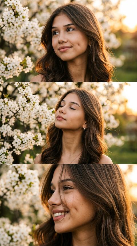 СТРОГО использовать загруженное фото как единственный эталон внешности. Сохранить лицо, черты, пропорции, тон кожи и возраст 1:1 без ретуши и стилизации. Фотореалистичный вертикальный слитный КОЛЛАЖ ИЗ ТРЁХ ГОРИЗОНТАЛЬНЫХ КАДРОВ, без рамок и текста. Локация: цветущее дерево с белыми соцветиями, тёплый золотой час, мягкий закатный свет, естественная глубина, фон в красивом боке. КАДР 1 (верх): крупный 3/4 портрет, взгляд мимо камеры влево вверх, лёгкая полуулыбка, живые микротени, объём в волосах. КАДР 2 (центр): средний план, глаза закрыты, лицо к солнцу, спокойное расслабленное выражение, лёгкий ветер в волосах. КАДР 3 (низ): очень крупный профиль влево, искренняя улыбка, момент движения, пряди частично перекрывают щёку, все те же цветы на фоне. 
Снято на 85mm f/1.8 ISO100 1/400, малая ГРИП, тёплая натуральная палитра, мягкий контраст, лёгкое плёночное зерно, без HDR и AI-look, максимальный фотореализм, формат 9:16.