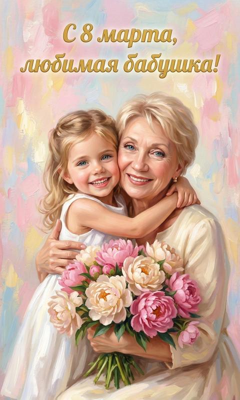 A girl (granddaughter) and an older woman (grandmother), hugging and smiling. The girl is wearing a white dress, the older woman is wearing a light-colored dress. They are holding a large bouquet of peonies in soft pink and cream shades. The text 'Happy March 8th, beloved Grandma!' is written in golden letters at the top of the image. Abstract, pastel background with blurred strokes resembling a canvas, in light shades of pink, yellow, and blue.
Digital painting in the style of a classical portrait, impressionistic technique with visible brushstrokes, delicate and romantic palette.
Soft, diffused golden lighting coming from above and slightly to the side, creating a warm atmosphere and gentle shadows.
Centered composition, chest-up framing, focus on faces and the bouquet, creating a sense of closeness and tenderness. Do not change facial features.