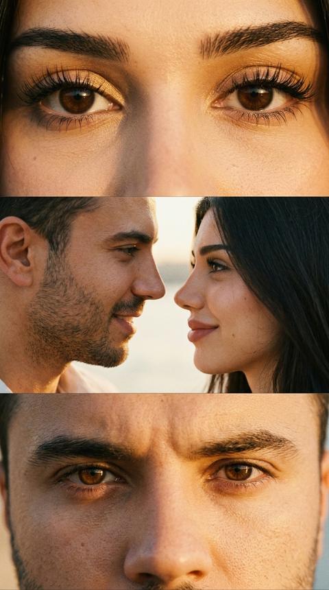 Preserve appearance 100%. Do not alter facial features or proportions. Extremely close-up collage of three horizontal frames.
Upper part: close-up of a woman's eyes, only eyes and long, thick eyelashes, close-up angle, golden light falls on the eyelids and eyelashes, a realistic, soft atmosphere, natural details, she looks into the camera.
Middle part: they are turned sideways to each other, their eyes are close, gazes directed at each other with a slight smile, faces touching, light softly accentuates the contours, both frames in the same film aesthetic, background slightly blurred, unified style and tone.
Lower part: close-up, only male eyes, extremely close-up portrait, same golden hour, angle, same film texture and fine grain, lighting emphasizes the gaze, realism and unified visual style of the triptych, he looks into the camera.
The entire triptych looks cohesive: identical lighting, depth, film style, a sense of a living moment, emphasized details in clothing and face, natural light unites all three frames.