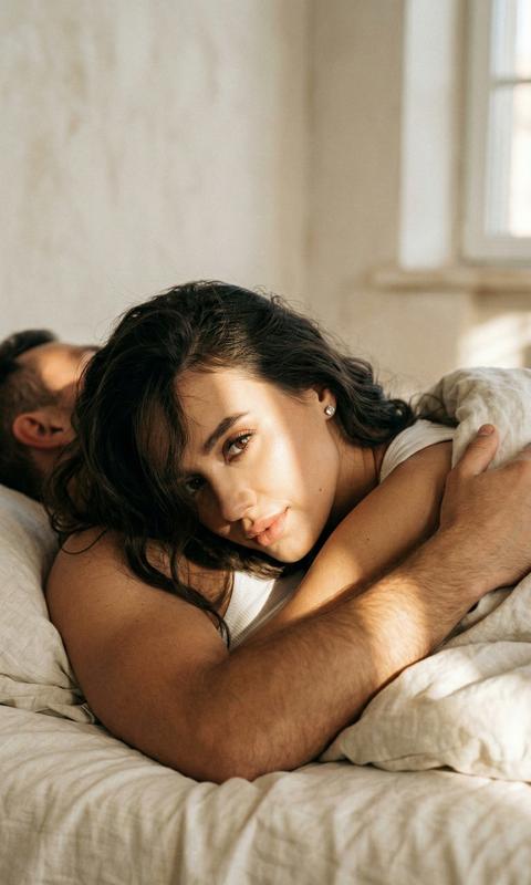 Create a portrait, Do not alter facial features.
Extreme close-up of the face from the side.
Cinematic effect with added grain. A woman looks at the camera, lying on her stomach on the bed, they are under a blanket, and a man is tightly hugging her with his arm, the man's face is not visible, he is lying on his back. Sunlight illuminates her face in a strip, her face is slightly obscured, hair is wavy, flawless makeup.
8K quality.
Light wall background.