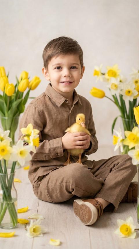 Мальчик сидит на светлом деревянном полу в весенней студийной обстановке, его ноги согнуты и скрещены перед ним, тело слегка повернуто на три четверти, и он нежно держит маленького утенка на уровне живота обеими руками. Его плечи расслаблены, а взгляд направлен прямо в камеру. Средний план — от пола до уровня глаз ребенка. Композиция центрирована, с цветочными композициями на заднем плане и лепестками на переднем, создающими глубину.

На нем коричневый льняной костюм с матовой текстурой, состоящий из рубашки на пуговицах, брюк прямого кроя из той же ткани и коричневых кроссовок. В его руках пушистый желтый утенок с нежной пуховой текстурой. Вокруг него расставлены стеклянные вазы с весенними цветами, желтыми тюльпанами и бело-желтыми нарциссами, отдельные лепестки разбросаны по полу, а фон светлый и мягко текстурированный.

Освещение — мягкое студийное, основной источник света расположен спереди и немного сбоку. Свет рассеянный и ровный, создающий мягкие тени под подбородком и вдоль тела. Контраст от низкого до среднего, переходы между светом и тенью плавные, блики на стеклянных вазах и глазах утенка деликатные и контролируемые, а фон мягко освещен без резких градиентов.

Снято портретным объективом 85 мм, с малой глубиной резкости с резким фокусом на лице и утенке, фон мягко размыт, а текстуры кожи, льна и пуха высоко детализированы. Это детская художественная студийная съемка, высокодетализированная и фотореалистичная.

мягкое весеннее студийное настроение,
теплая естественная цветовая температура,
доминирующие желтые и бежевые тона,
умеренная насыщенность с акцентом на цветы,
низкий или средний контраст с плавными переходами теней,
рассеянное мягкое освещение,
естественные мягкие оттенки кожи,
тонкий сияющий блик на цветах,
чистая текстура с минимальной зернистостью,
легкая пастельная цветокоррекция.