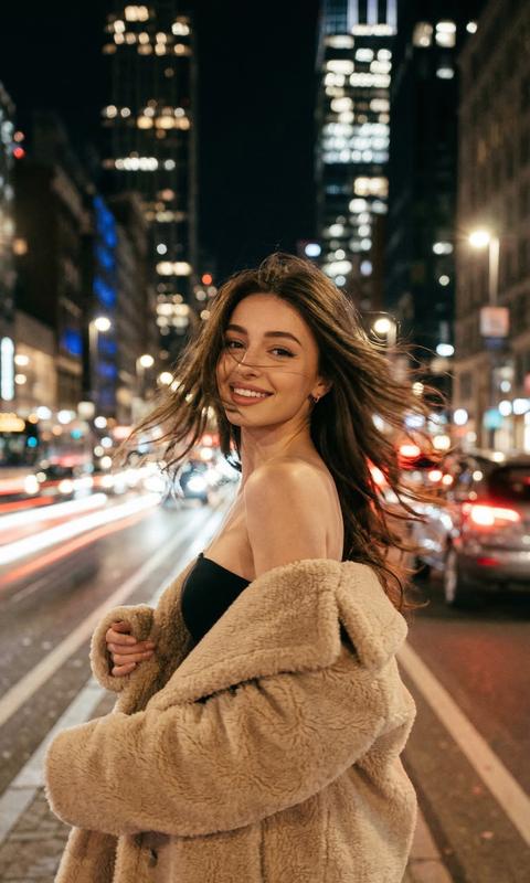 Создать фотореалистичный ночной портрет: девушка стоит в движении, повернувшись через плечо, её волосы развиваются на ветру, создавая динамичное ощущение свободы. Она одета в чёрный топ без бретелек, а сверху на плечах распахнуто пушистое бежевое пальто, которое она слегка спустила с плеч, добавляя образу элегантности и лёгкости. На фоне — ночной город, с яркими огнями машин и зданий, создающими контраст с её тёмной одеждой. Кадр снят в движении, что добавляет динамики в композицию, фокус на её лице и образе. Малая глубина резкости, тёплые огненные оттенки огней города на фоне, с мягким освещением, подчёркивающим её силуэт и движение.