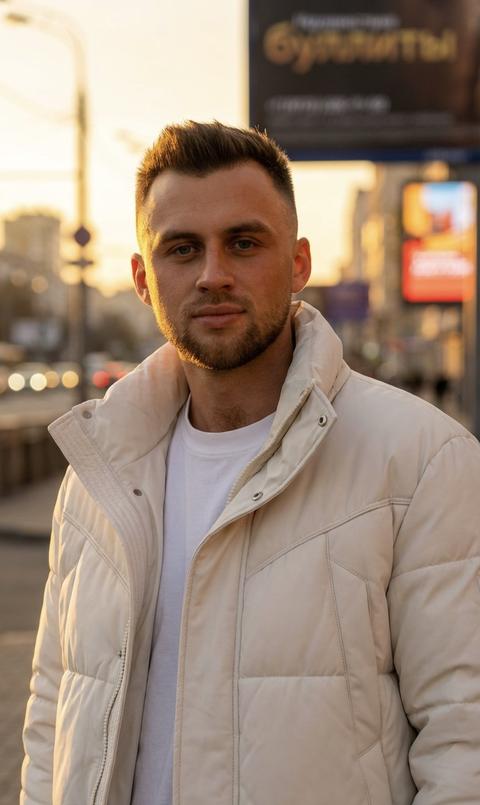 Создай портрет, не меняя черты лица. мужчина , его лицо сияет под теплым золотистым загаром. на нем матово-молочный пуховик  с подкладкой и роскошными деталями. На заднем плане - слегка размытые городские буллиты, создающие элегантную кинематографическую атмосферу с насыщенным закатным сиянием.