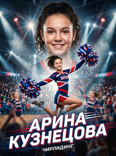 ЧИРЛИДИНГ Создай кинематографичный спортивный постер с участием ребенка в чирлидинге, используя референсное фото и максимально точно сохраняя черты лица, пропорции и индивидуальность внешности, с реалистичной текстурой кожи без эффекта пластика. Сцена: спортивная арена или зал для выступлений по чирлидингу. Атмосфера яркая, энергичная, праздничная, с динамичным сценическим освещением (прожекторы сверху и контровой свет), легкая дымка добавляет глубину и эффект шоу. Композиция: На переднем плане — ребенок в полный рост в динамичном элементе чирлидинга (прыжок, пирамида, мах с помпонами или финальная поза выступления). Движение: энергия, четкость линий, улыбка или уверенное выражение лица. Возможны элементы команды в сильном размытии на заднем плане, но главный акцент на ребенке. На заднем плане — крупный портрет того же ребенка, с точным сохранением лица с референса, уверенный и яркий сценический взгляд. Важное требование (референс): Сохранить идентичность лица: форма глаз, носа, губ, пропорции. Не изменять возрастные черты. Реалистичная кожа: текстура, без сглаживания и «пластика». Без чрезмерной ретуши. Максимальная узнаваемость. Внешний вид: Костюм для чирлидинга (спортивный, яркий, с контрастными вставками). Кроссовки. Помпоны (в руках или в движении). Аккуратная прическа (хвост/пучок). Естественное телосложение ребенка. Фон: Спортивная площадка или сцена. Размытые трибуны или команда. Световые лучи и сценические огни. Эффект глубины и движения. Цветовая палитра: Яркие насыщенные цвета. Контраст с затемненным фоном. Теплые и холодные световые акценты. Текст: Имя и фамилия: «{FULLNAME}». Шрифт: динамичный, спортивный, с элементами шоу-стиля. Стиль: Гиперреализм с сохранением likeness, Cinematic lighting, High contrast, Ultra detailed, Depth of field, Энергия движения. Эффекты: Легкая дымка, световые лучи, частицы пыли и светящиеся искры, движение помпонов (motion blur), подчеркивание текстуры ткани и реалистичной кожи, эффект сцены и шоу. Атмосфера: энергия, командный дух, радость, уверенность, яркость, поддержка, дух соревнования. Кожа лица реалистичная без эффекта пластика. Другой текст кроме имени и фамилии не надо. На русском языке. Флаги и государственную символику не надо.