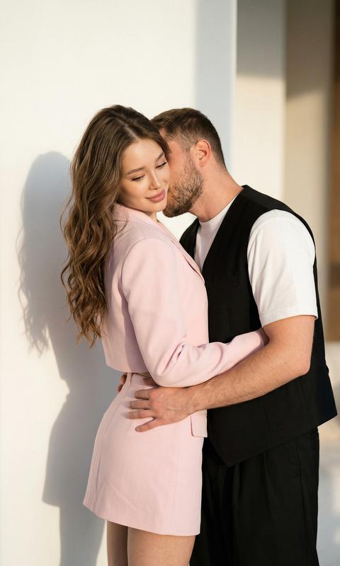 Создай крупный портрет, не меняя черты лица. Портрет обнимающейся пары. Женщина прижимается спиной к  мужчине ,   они стоят рядом  друг с другом, Мужчина высокий спортивного телосложения стоит позади неё. Женщина наклонила голову не смотрит в камеру,  с легкой улыбкой, мужчина обнимает её за талию, целует её в шею, лицо его почти не видно, ракурс на уровне глаз, динамичная композиция, мужчина в белой футболке и черной дизайнерской костюмной  оверсайз  жилетке и черных брюках стильных сводных, женщина в превосходном костюме розовый укороченный пиджак с обьемными плечами нежно розового цвета, и мини юбка в тон. у неё волнистые слегка перекинуты на одну сторону длинные волосы, безупречный  макияж, на фоне белой стены. с тенями, отбрасываемыми фигурами, мягким естественным освещением сбоку, мягкими тенями, снятыми на объектив 50 мм,  фон с размытием, закатный свет, подчеркивает интимность момента, с небольшой зернистостью, 8K.