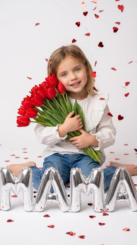 Создай крупный портрет, не меняя черты лица. Очаровательная  девочка сидит  на белом фоне. Она нежно держит в руках большой букет ярко-красных тюльпанов. На ней белая блузка с воланами, и синие джинсы. Вокруг неё в воздухе летают красные конфетти в форме сердечек, которые также рассыпаны по полу. На переднем плане лежат серебристые надувные шары-МАМА . Освещение мягкое, студийное, создающее атмосферу праздника и нежности. Высокое разрешение, фотореализм.