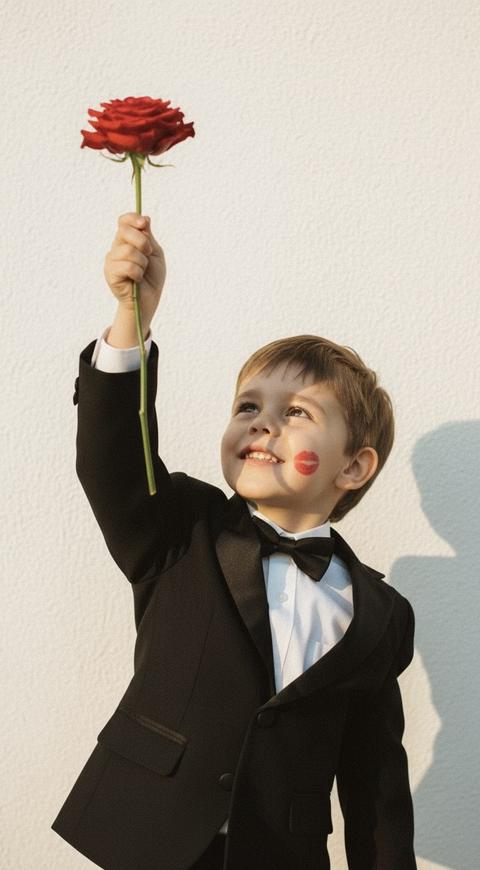 Не меняй черты лица 
Кинематографические эффект с добавлением зерна
близкий портрет маленького мальчика
Он стоит на фоне белой стены, держа в руке красную розу и протягивая её вверх
Он в чёрном смокинге с бабочкой 
На щеке след от красной помады 
В камеру не смотрит, смотрит туда куда протягивает розу 
Фото с добавлением зерна 
Формат 9:16
Сбоку падает солнечный свет
Все фото залито солнечным светом