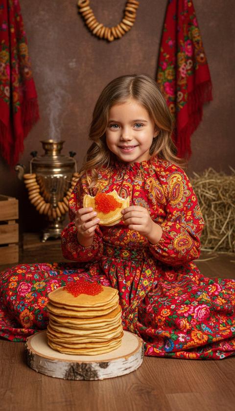 Кинематографический близкий портрет девочки.
Она сидит в студии с коричневой стеной и деревянном полу.
Девочка одета в нарядную русскую народную одежду: красно-золотую расписную «огурцовую» рубаху, перевязанную на талии ярким шнурком или лентой, и пышную юбку в тон (например, красную или цветастой расцветки). Черты лица остаются точно такими же, как в описании мальчика - с восторженным выражением.
Рядом с ней стоит стопка красивых блинов на деревянном спиле березы, сверху на блинах красная икра выложена.
В руках малышка держит святый покусанный блин, на лице - тот же самый восторг.
На фоне висят на стене расписные красные платки, самовар с баранками, ящики с сеном.
Студийное освещение.
Фото с добавлением зерна. Не меняй черты лица.
