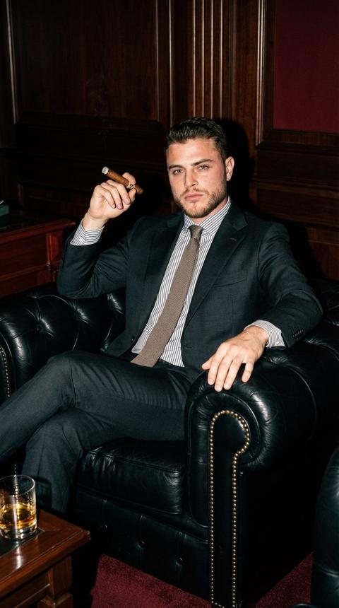 СТРОГО сохранить внешность 1:1 — лицо, черты, пропорции, текстуру кожи без ретуши; фото — единственный эталон. Формат 4:5, mid-frame portrait по пояс. Мужчина сидит в массивном чёрном кожаном диване английского стиля, корпус слегка развернут, расслабленный наклон назад. Правая рука держит сигару на уровне лица, левая лежит на подлокотнике. Взгляд спокойный, уверенный, направлен чуть ниже камеры. Одежда: тёмный итальянский костюм мягкой посадки, полосатая рубашка, фактурный галстук. Ткани плотные, естественные складки читаются. Локация: кабинет в духе мафиозного офиса — тёмные панели, глубокие бордово-коричневые оттенки, на столе бокал с янтарным напитком. Свет — жёсткий прямой фронтальный flash, высокий контраст, чёткие тени, глянцевые блики. ISO 400, f/4, 1/125, объектив 85mm, умеренная глубина резкости, лёгкое аналоговое зерно, гиперреализм, luxury editorial.