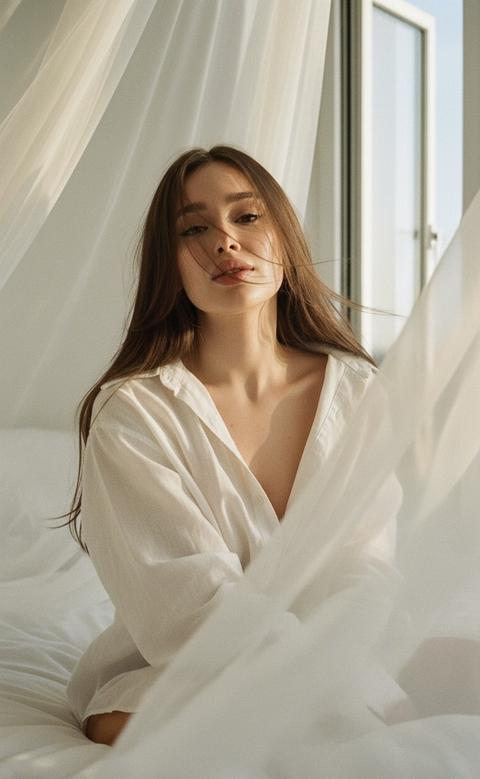 Строго сохранить внешность 1:1. Ультрареалистичный кинематографический портрет в 8K, профессиональная fashion-съёмка, мягкий film grain. Женщина сидит на белой кровати; вокруг и с потолка — обилие лёгкой белой полупрозрачной ткани. Открытое боковое окно, ветер раздувает ткань и волосы, создавая динамику. Кадр по плечи, поза редакционная: голова слегка откинута назад, осанка расслабленная, нежный взгляд в камеру.
На ней белая льняная оверсайз-рубашка с расстёгнутым декольте. Макияж сияющий: глянцевые губы, накладные ресницы, граничные стрелки, выраженный хайлайтер на скулах и теле. Волосы в стиле Old Money, длинные, слегка растрёпанные, пряди частично на лице.
Золотой час, тёплый мягкий свет, естественные тени, высокая детализация кожи и тканей; лицо без изменения пропорций, черт и внешности; любые изменения лица запрещены. Строго сохранить внешность 1:1. Ультрареалистичный кинематографический портрет в 8K, профессиональная fashion-съёмка, мягкий film grain. Женщина сидит на белой кровати; вокруг и с потолка — обилие лёгкой белой полупрозрачной ткани. Открытое боковое окно, ветер раздувает ткань и волосы, создавая динамику. Кадр по плечи, поза редакционная: голова слегка откинута назад, осанка расслабленная, нежный взгляд в камеру.
На ней белая льняная оверсайз-рубашка с расстёгнутым декольте. Макияж сияющий: глянцевые губы, накладные ресницы, граничные стрелки, выраженный хайлайтер на скулах и теле. Волосы в стиле Old Money, длинные, слегка растрёпанные, пряди частично на лице.
Золотой час, тёплый мягкий свет, естественные тени, высокая детализация кожи и тканей; лицо без изменения пропорций, черт и внешности; любые изменения лица запрещены.
