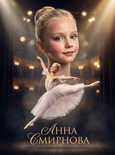БАЛЕТ Создай кинематографичный художественный постер с юной балериной (ребенок), используя референсное фото и максимально точно сохраняя черты лица, пропорции и индивидуальность внешности, с реалистичной текстурой кожи без эффекта пластика. Сцена: театральная сцена или балетный зал с мягким, драматичным освещением. Прожекторы сверху и сбоку создают объем и подчеркивают силуэт, легкая дымка добавляет глубину и атмосферу сцены. Композиция: На переднем плане — ребенок в полный рост в балетной позе (пируэт, арабеск или прыжок), с идеальной осанкой и вытянутыми линиями тела. Динамика: легкость, плавность, ощущение невесомости. Платье (пачка) создает движение и форму. На заднем плане — крупный портрет того же ребенка, с точным сохранением лица с референса, мягкий, сосредоточенный, вдохновленный взгляд. Важное требование (референс): Сохранить идентичность лица: форма глаз, носа, губ, пропорции. Не изменять возрастные черты. Реалистичная кожа: текстура, без сглаживания и «пластика». Без чрезмерной ретуши. Максимальная узнаваемость. Внешний вид: Балетный костюм (пачка, боди). Пуанты. Аккуратная классическая прическа (пучок). Легкий сценический макияж, соответствующий возрасту. Естественное телосложение ребенка. Фон: Сцена или балетный зал. Размытый задний план (занавес, свет, пространство). Световые лучи от прожекторов. Глубина сцены с мягким боке. Цветовая палитра: Нежные и элегантные оттенки (белый, розовый, пастельные тона). Теплый сценический свет (золотистый). Мягкий контраст с затемненным фоном. Текст: Имя и фамилия: «{FULLNAME}». Шрифт: изящный, элегантный, с плавными линиями. Стиль: Гиперреализм с сохранением likeness, Cinematic lighting, Soft contrast, Ultra detailed, Depth of field, Эстетика движения и легкости. Эффекты: Легкая дымка, мягкие световые лучи, легкие светящиеся искры (очень деликатно), эффект движения ткани, подчеркивание текстуры костюма и реалистичной кожи. Атмосфера: грация, легкость, гармония, дисциплина, красота движения, вдохновение, сцена, искусство. Кожа лица реалистичная без эффекта пластика. Другой текст кроме имени и фамилии не надо. На русском языке. Флаги и государственную символику не надо.