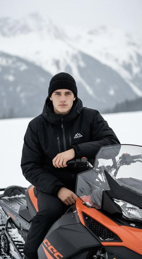 Создай крупный портрет, не меняя черты лица. Портрет  молодого мужчины в черной маленькой вязаной шапке-бини и черной горнолыжной куртке с логотипом на груди. Он сидит на современном черно-оранжевом  снегоходе на фоне заснеженных гор. Мужчина непринужденно положил руку на руль. Освещение мягкое, пасмурное, создающее атмосферу зимнего дня. Высокая детализация текстуры одежды и снега, реализм, кинематографичный вид, глубина резкости с размытым горным фоном.
cinematic composition, hyper-realistic, 8k, shot on 35mm lens, soft bokeh. Не меняй черты лица 