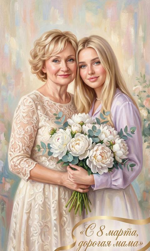 Oil painting in pastel tones, mother and adult daughter hugging, heads pressed together, they are in light festive clothes, bouquet of white peonies, warm light, gentle background with artistic brushstrokes, femininity, high detail, inscription "Happy March 8th, dear mom", elegant calligraphy, oil painting style, 4k
Aspect ratio 9:16