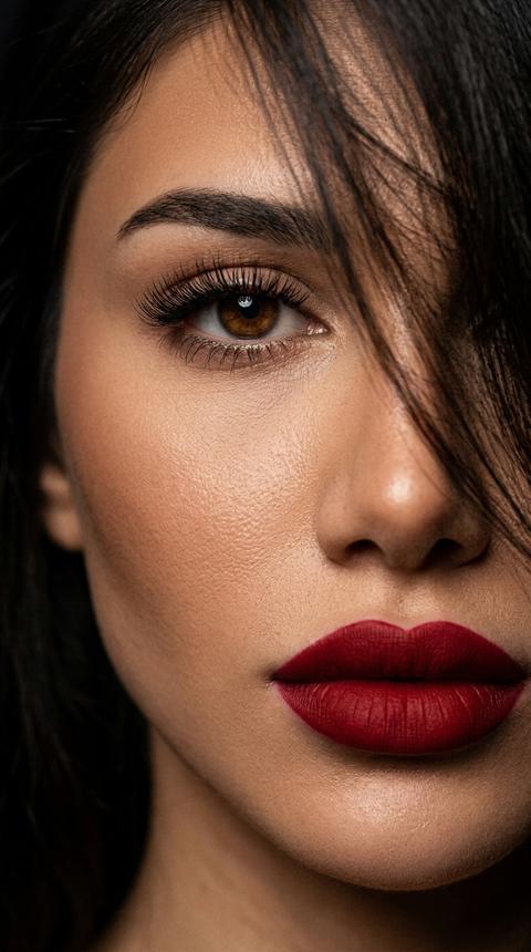 Экстремальный портрет гламурной женщины крупным планом с загорелой кожей, полными красными матовыми губами, выразительными глазами и длинными ресницами, ее лицо без блеска, сияющая текстура кожи, четкий акцент на глазах и губах, матовый макияж, высокие скулы, тонкие контуры, элегантное освещение с сильным контрастом, кинематографичный красивый редакторский стиль, темный фон, насыщенная глубина цвета, четкий обзор с помощью объектива 85 мм, фотореалистичность. 
Вблизи видна только часть ее лица, волосы частично закрывают его. -до 9:16 -ow 300 - style raw -stylize 550