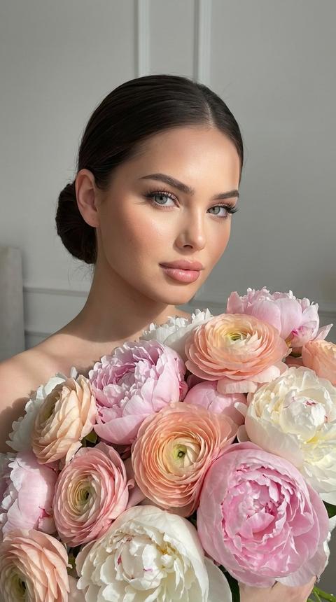Создай портрет, не меняя черты лица. Крупный план молодой женщины с классическими чертами лица и пронзительными светлыми глазами, позирующей с огромным, роскошным букетом пионов и ранункулюсов в нежных розовых, персиковых и белых тонах. Волосы собраны в гладкий пучок. Безупречный макияж. Мягкое естественное солнечное освещение, создающее игру света и тени на лице. Кожа с эффектом мягкого сияния. Высокая детализация лепестков цветов и текстуры кожи, эстетика "old money", светлый минималистичный фон, гиперреализм, 8k.
