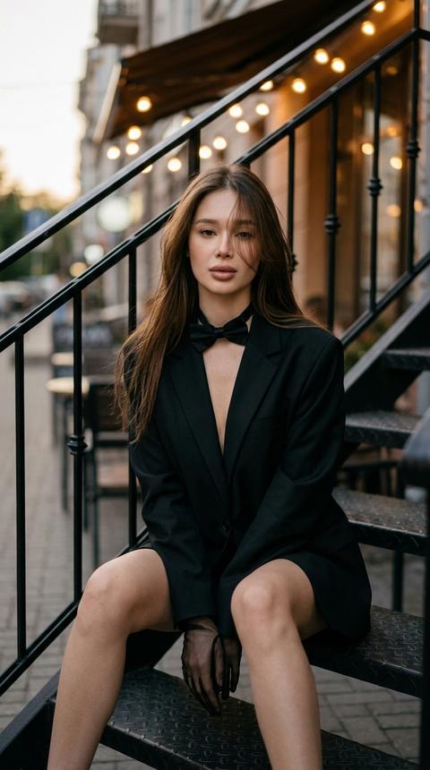 Ultra-realistic photo for an editorial photoshoot. The woman's face, including all features, proportions, natural asymmetry, eye and lip color, skin and hair texture, must be precisely preserved as in your reference photo. It is important to avoid any enhancement, retouching, beauty filters, or age alteration.
Vertical, knee-length shot, taken from a slight low-angle. The woman sits confidently and calmly on a black iron staircase outdoors. She is wearing an elegant black oversized jacket with a deep neckline, a black ribbon-bow around her neck, and thin translucent mesh gloves.
Lighting, as in premium magazines: soft, warm front-side light that creates subtle shadows, and fill light from a garland at a cafe. Shot with shallow depth of field (f/1.8-2.8), face in perfect focus, background beautifully blurred, with a subtle film grain effect.
Hair partially covers the face.
