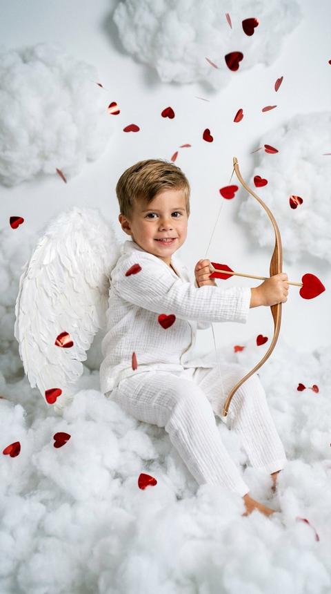 Создай портрет, не меняя черты лица. Y2K. Сказочная сцена с купидоном, сфотографированная как реальный момент. Ребенок сидит среди плотных, пушистых белых облаков, которые полностью заполняют передний, средний и задний план, образуя бесшовную белую среду с многослойной глубиной.
Поза вполоборота: корпус слегка повернут вбок, одно плечо выдвинуто вперед, как будто вы натягиваете и отпускаете небольшой лук с красной стрелой в форме сердца; руки подняты с легким напряжением, что указывает на движение при стрельбе.
Несмотря на то, что тело повернуто, голова повернута к объективу, взгляд направлен прямо в камеру, выражение лица радостное и игривое, присутствует мягкая улыбка. Наряд - простая  белая  пижама(брюки из муслина и рубашка свободные) . Крылья из белых перьев на спине, настоящие и фактурные, с четкими бликами по краям перьев.
Вокруг объекта съемки в воздухе хаотично летают только конфетти в форме сердечек
- маленькие красные сердечки из глянцевой фольги на разном расстоянии, некоторые из них видны на переднем плане, другие 
в облаках, без рассеянного света, без мягкого свечения? студийное сияние. Текстура кожи реалистичная и детализированная, без сглаживания, без фильтров. Тонкая зернистость, волшебное, но искреннее ощущение от редакции Y2K, сфотографировано, а не визуализировано. 8К
