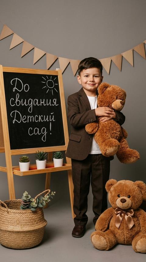 Создай портрет, не меняя черты лица. Портрет мальчика 6-7 лет. Он одет в классический костюм темно коричневый и белая футболка. Он  стоит в полный рост, прижимая к себе большого плюшевого медведя.
Окружение и декорации:
Слева: Деревянный мольберт с грифельной доской, на которой мелом от руки написано: «До свидания Детский сад!» и нарисовано маленькое солнце.
Справа: На ковре сидит классический коричневый плюшевый мишка с атласным бантом на шее.
Фон: Однотонная стена серого оттенка, украшенная бумажной гирляндой из треугольных флажков.
Детали: Плетеная соломенная корзина с декоративной зеленью, небольшие горшки с суккулентами на подставке мольберта.
Стиль и освещение:
Профессиональная студийная фотосъемка в теплых, пастельных тонах.
Мягкий, рассеянный свет, создающий уютную и ностальгическую атмосферу выпускного в детском саду.
Высокая детализация текстур ткани платья, меха игрушек и поверхности доски.
Естественные цвета и легкая ретро-эстетика.