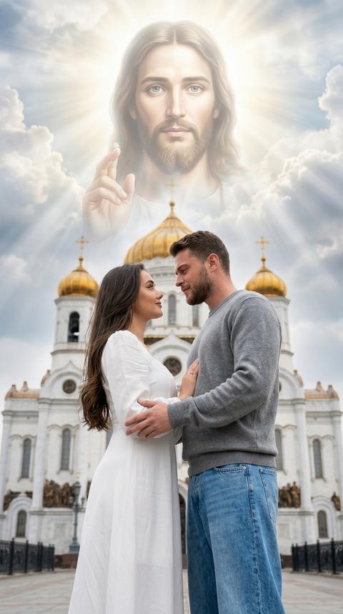 Создай портрет, не меняя черты лица. Фотографии в стиле реализма
На переднем плане молодая женщина с длинными волнистыми волосами в светлом платье и иужчина в джинсах свободных и сером свитере свободном, стоят друг против друга, смотрят с любовью и нежностью. Фон - светлый храм с золотыми куполами.
В небе над ними, среди облаков, проявляется величественный полупрозрачный лик Иисуса Христа, который смотрит вниз с благословением и защитой. Божественный свет исходит от лика святого, прорезая облака.
Высокая детализация лиц, текстуры ткани и снаряжения, атмосферное освещение, концепт защиты и надежды. Реализм