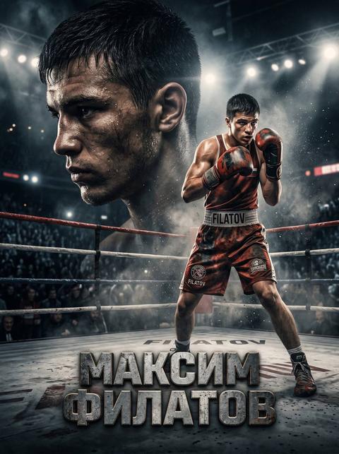 Создай кинематографичный спортивный постер с юным боксером.
Сцена: профессиональный боксерский зал или арена с рингом, драматичное освещение (контрастный свет сверху и сзади). Атмосфера напряженная, спортивная, с легкой дымкой и частицами пыли в воздухе.
Композиция:
На переднем плане — мальчик в полный рост на боксерском ринге в боевой стойке (защита, готовность к удару или момент атаки).
Динамичная поза: напряженные мышцы, собранность, концентрация взгляда, ощущение движения.
На канатах ринга и полу — боксерское покрытие, канаты ринга четко видны.
На заднем плане — крупный портрет этого же мальчика (лицо в профиль или 3/4, серьезный, сосредоточенный взгляд, капли пота, отражение света).
Внешний вид:
Боксерские шорты (спортивные, контрастные цвета — красный/синий/черный)
Боксерские перчатки (яркие, слегка изношенные от тренировок)
Спортивное телосложение, но подростковое (не взрослый спортсмен)
Короткая стрижка, аккуратный внешний вид
Фон:
Затемненный боксерский зал или арена
Прожекторы сверху, лучи света пробиваются через дымку
Возможен размытый силуэт зрителей или абстрактный темный фон
Цветовая палитра:
Темные оттенки (черный, графит, темно-серый, глубокий синий)
Яркие акценты (красный или синий в экипировке)
Теплые световые блики от прожекторов
Текст:
Имя и фамилия (например): «{FULLNAME}»
Шрифт: мощный, спортивный, слегка индустриальный (металл/бетон), с эффектом потертости или текстуры удара
Стиль:
Гиперреализм
Спортивный рекламный постер
Cinematic lighting
Dramatic contrast
Высокая детализация
Depth of field
Эффекты:
Частицы пыли и пот в воздухе
Световые лучи через дым
Легкий туман в зале
Акцент на текстуре кожи, перчаток, канатов ринга
Ощущение движения, удара и силы
Атмосфера:
сила, дисциплина, концентрация, воля к победе, дух соревнования.

Только имя и фамилия, другие надписи не надо.