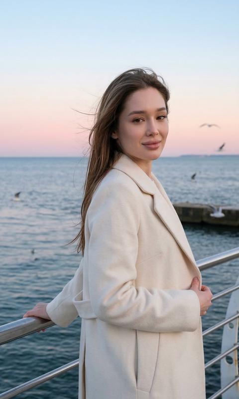 СТРОГО сохранить внешность 1:1 — лицо, черты, пропорции, текстуру кожи и возраст без изменений, без ретуши. Фото — единственный эталон внешности. Формат 3:4. Ультрареалистичная fashion lifestyle-сцена у моря весной. Камера на уровне груди модели, объектив направлен прямо на неё. Средний портрет: голова, плечи и верх корпуса. Девушка стоит у металлического ограждения на набережной, корпус развёрнут в 3/4 влево. Правая рука лежит на перилах, левая держит край пальто у груди. Голова повернута к камере, взгляд направлен в объектив. Волосы распущены, ветер слегка двигает пряди. Одежда — элегантное пальто оттенка айвори. Позади море и линия горизонта. Небо холодного весеннего заката с мягким розово-голубым градиентом, несколько чаек пролетают в верхней части кадра. Свет мягкий вечерний. Съёмка как на Leica Q2, объектив 50mm, малая глубина резкости, лёгкое плёночное зерно