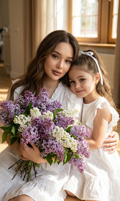 Create a portrait without altering facial features. Cinematic style with added grain.
Extreme close-up, waist up.
A photo of a mother and daughter from the provided photo.
Mother and daughter are sitting on a wooden floor in a sunlit house, with gentle smiles. The girl has her head on her mother's shoulder, and the mother is looking at the camera with a gentle smile, holding one huge bouquet of lilac. They are wearing white ruffled dresses.
The scene is filled with warmth and tenderness, with an emphasis on emotions and mutual affection.
The mother has wavy hair, and the daughter has a high ponytail with a white ribbon.
The woman has flawless makeup, with powdery-brown lips. The sun illuminates their faces.