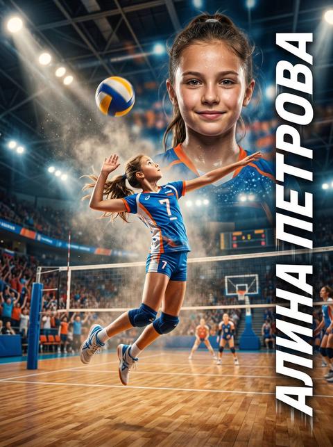 Создай кинематографичный спортивный постер с юной волейболисткой.
Сцена: современный спортивный волейбольный зал или арена для детских соревнований. Атмосфера динамичная, вдохновляющая, с ярким, но кинематографичным освещением (лучи света сверху через потолочные прожекторы). В воздухе легкая спортивная пыль и ощущение движения.
Композиция:
На переднем плане — девочка в полный рост в момент игрового действия (прыжок для подачи или приема мяча в защите).
Динамичная поза: вытянутые руки, концентрация, ощущение полета и энергии, максимальная вовлеченность в игру.
Волейбольная площадка с четкой разметкой, сетка пересекает кадр и усиливает динамику сцены.
Волейбольный мяч в движении — либо над руками, либо в момент удара.
На заднем плане — крупный портрет той же девочки (сосредоточенный взгляд, легкая улыбка уверенности, спортивный настрой).
Внешний вид:
Спортивная волейбольная форма (футболка и шорты в ярких, но гармоничных цветах — синий, белый, красный или желтый акцент)
Спортивные кроссовки для зала
Наколенники
Аккуратная прическа (например хвост или коса), убраны волосы для игры
Детское, естественное телосложение, соответствующее возрасту ({AGE} лет), без взрослой стилизации
Фон:
Спортивный зал с высокими потолками
Размытые трибуны с легким намеком на зрителей
Прожекторы сверху, создающие драматические лучи света
Легкий эффект глубины и движения (motion blur на фоне)
Цветовая палитра:
Светлые и яркие спортивные цвета (белый, голубой, синий, желтый)
Темный или нейтральный фон для контраста (серый, графит)
Теплые световые акценты от прожекторов
Текст:
Имя и фамилия (например): «{FULLNAME}»
Шрифт: современный спортивный, энергичный, слегка наклонный, с эффектом скорости и движения
Стиль:
Гиперреализм
Кинематографичный спортивный постер
Dynamic action shot
High contrast lighting
Ultra detailed
Depth of field
Motion emphasis
Эффекты:
Ощущение движения воздуха и скорости мяча
Легкие частицы пыли в свете прожекторов
Подчеркивание текстуры формы и пола зала
Размытый фон для усиления фокуса на спортсменке
Энергия прыжка и удара по мячу
Атмосфера:
командный дух, энергия, радость спорта, концентрация, развитие, стремление к победе, детская уверенность и вдохновение.

Другие надписи не надо. Только имя и фамилия русскими буквами.

Все выглядит как реальное фото