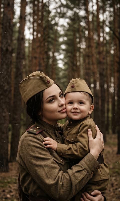 Трогательный художественный портрет матери и маленького сына в сосновом лесу, оба одеты в историческую советскую военную форму образца Второй мировой войны (гимнастерки и пилотки с красными звездами). Мать нежно обнимает ребенка, прижимаясь щекой к его голове, на лицах спокойные и теплые улыбки. Освещение мягкое, рассеянное, создающее атмосферу ностальгии. Эффект старой фотографии с легкими потертостями, глубокими тенями и приглушенными землистыми цветами. Высокая детализация лиц и текстуры ткани, кинематографичный фокус на людях, задний план с высокими соснами размыт (боке).
Волосы