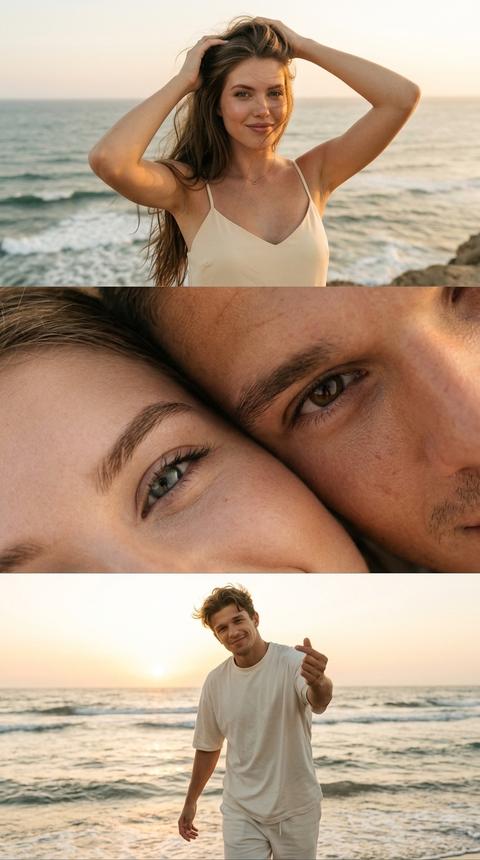 Strictly preserve the appearance of the people from the photo, their facial features, 1:1 proportions. Vertical paired collage-triptych without borders, three cinematic frames, like a warm film love story by the ocean at sunset. The atmosphere should be lively, natural, emotional, not staged.
Upper frame:
In the frame, a girl in a butter-colored spaghetti strap top. Cropping strictly at the waist. She stands on a high cliff by the ocean, against a backdrop of crashing waves, sea air, and a soft golden sunset. Hair is loose, slightly disheveled by the wind and salty air, a few strands on her face. The girl has raised her hands to her hair, as if adjusting it after a gust of wind; the pose is relaxed and natural: one shoulder slightly higher, torso slightly turned, head slightly tilted. Her facial expression is lively and warm: a slight half-smile, a soft flirtatious gaze, a feeling of the present moment, as if she's smiling with her eyes. Skin is tanned, ultra-detailed, natural skin texture, light natural makeup, expressive lips.
Middle frame:
A very tight, intimate close-up: only the eyes of two people are visible, part of the bridge of the nose, fragments of the forehead and cheeks. Faces are not fully readable or recognizable; everything else is cropped. Two gazes are positioned diagonally, as if the people are lying next to each other on a blanket or sand: one eye closer to the upper right corner, the second closer to the lower left. Gazes are lively, relaxed, warm, slightly smiling. The frame conveys a feeling of intimacy, trust, and genuine emotion, not a glossy setup. Soft focus on the irises, natural skin texture, slight sea reflections in the eyes.
Bottom frame:
In the frame, a guy by the ocean at sunset. He is wearing a milky oversized t-shirt and matching shorts. Hair is neatly but naturally styled, slightly touched by the wind. Hands are athletic, but without excessive posing. The pose should be relaxed and lively, not static: the guy is not standing frontally, but slightly in motion, as if he just took a step towards the camera. Body weight is shifted to one leg, the other leg is slightly extended forward, torso slightly turned sideways, shoulders relaxed. One arm is freely lowered along the body, the other is extended towards the camera and makes a 🫰 finger gesture, but naturally, without tension. Elbow is slightly bent, hand closer to the lens, creating a slight depth of field. His face shows not a cold model expression, but a lively emotion: a slight confident smile, a squint from the sun, a warm gaze directly into the camera, as if he's flirting and inviting you to come closer. In the background, the ocean, low setting sun, soft reflections on the water, sea breeze, a feeling of a spontaneous shot.
Overall style for all frames:
Very warm, soft side light of the golden hour, more lively sun warmth, honey and caramel skin tones, beige-gold color grading, soft film aesthetic. Colors are warm but natural: creamy, sandy, caramel, golden, muted ocean blue-green. Avoid cold gray tones, plastic skin, excessive glossiness, and artificial posing. Add a feeling of breathing, wind, sea air, slight spontaneity, and genuine emotions. Soft contrast, smooth transitions of light and shadow, slight film grain, natural skin micro-details, a bit of motion feeling, frames like from a romantic analog photoshoot on the coast.