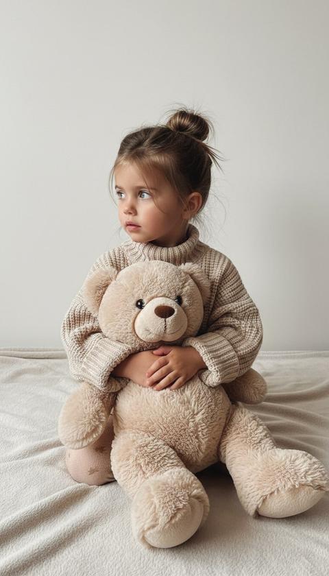 Не меняя внешности девочки с фото, в кадре изображена юная девочка, сидящая на светлом, уютном текстурированном покрывале. Она обернулась немного влево, взгляд её направлен в сторону, создавая ощущение задумчивости и нежности. Девушка одета в свободный светло-бежевый свитер с крупной вязкой и высоким воротом, рукава которого заметно длиннее её рук, слегка приспущены, придавая образу расслабленность и тепло. Её волосы   аккуратно собраны в высокий пучок с несколькими воздушными прядями, мягко обрамляющими лицо, подчёркивая естественную невинность и лёгкость. Девочка нежно обнимает большого плюшевого медведя нежного бежевого оттенка, который гармонично сочетается с её одеждой по цвету и текстуре. Мягкое освещение нежно подчеркивает естественные тёплые тона кожи и придаёт образу глубину, плавно переходя в светлые, но неяркие тени на фоне однотонной стены. Вся сцена выполнена с тонкой эстетикой домашнего уюта и невинности, где каждая деталь – от мягкой фактуры свитера до пушистых лапок игрушки – органично вписывается в теплую и спокойную атмосферу. Состав кадра создает интимное, мечтательное настроение, вызывающее чувство покоя и детской непосредственности, подтверждая художественную направленность снимка, фотореалистичное изображение, высокая текстурная детализация, высокое качество, разрешение 8K.