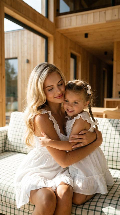 Кинематографический стиль с добавлением зерна 
Экстремально крупный план по пояс 
Фото матери и дочери 3 лет   с предоставленного фото 
Мама и дочь сидят на диване тканевом бело зелени в клетку в деревянном современном доме залитым солнечным светом У них легкие улыбки. Мама придала дочь к себе обнимая с закрытыми глазами Они одеты в белые платья с белыми рюшами У дочки две косички с белыми маленькими бантиками Сцена наполнена теплотой и нежностью, акцент на эмоции и взаимную привязанность
Не меняй черты лица и тела
Волосы у мамы блестящие длинные в стиле Олд Мани.
У мамы легкий макияж
Солнце освещает их лица