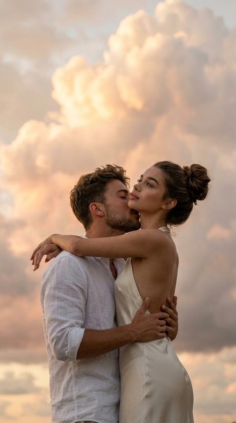 Создай реалистичный снимок не меняя внешность.
Девушка и парень с фото на фоне облачного неба. Парень держит девушку на руках, она обнимает его руками за шею,мужчина целует женщину в шею ,а женщина смотри на вверх.
Женщина в легком светлом платье шелковом с открытой спиной, волосы собраны в высокий пучок.
Мужчина в белой рубашке, волосы не меняй. Мягкий закатный свет, золотые облака на фоне, нежная атмосфера. Живой кинематографичный стоп-кадр. Формат 9:16, 16 mm film, высокое качество 8К,  пара как часть кадра, фото без вспышки, освещение и цветокоррекция с фона. Высокая детализация лиц, четкость и резкость.