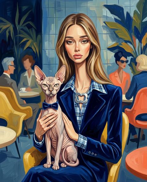 Surreal mid-century editorial illustration of an eccentric version of the person in the photo and a [ANIMAL] inside a stylish [SCENERY], elongated proportions, exaggerated narrow faces, deadpan expressions, oversized accessories, bizarre fashionable atmosphere, painterly brush textures, distorted anatomy, subtle lowbrow surrealism, sophisticated absurdity, vivid retro color palette dominated by [COLOR 1], [COLOR 2], and [COLOR 3], expressive oil-painted strokes, fashionable vintage clothing, dramatic jewelry and eyewear, whimsical background characters softly blurred in the distance, elegant café culture energy, cinematic composition, textured painted background, contemporary art gallery meets 1960s Riviera illustration, highly stylized editorial aesthetic, expressive fashion poses, layered visual storytelling, moody cinematic lighting, rich handcrafted textures, playful surreal elegance, exaggerated perspective, retro luxury atmosphere, artistic imperfection, fashion illustration mixed with fine art painting, vertical composition
4:5.