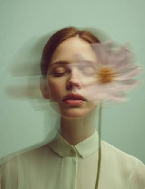 Крупный план женщины в профиль, голова и плечи, с закрытыми глазами или опущенным взглядом, выражение лица спокойное и задумчивое. На переднем плане крупный полупрозрачный цветок (похожий на космею или мак) с мягкими, слегка размытыми лепестками, частично закрывающий область глаз и лица. Присутствует выраженный эффект множественной экспозиции или длинной выдержки (long exposure), создающий несколько полупрозрачных, постепенно ослабевающих, размытых силуэтов ее головы, расходящихся назад за основной фигурой. Цветок также имеет легкий эффект размытия движения (motion blur).

Освещение: Мягкое, рассеянное студийное освещение, фронтальное или слегка боковое, создающее нежные градиенты и очень деликатные тени на лице и одежде, без резких переходов.

Цветовая палитра и цветокоррекция: Общая палитра приглушенная, с слегка винтажным, аналоговым оттенком. Теплые, естественные тона кожи. Губы с легким натуральным оттенком. Цветок бледно-розовый или кремово-белый с желто-оранжевой сердцевиной. Фон однотонный, глубокий, матовый бирюзовый, петрольный синий или темно-голубой, с легкими вариациями тона. Низкий контраст, мягкие, слегка приглушенные цвета, легкая десатурация, возможно, едва заметное зерно или шум для придания пленочной эстетики.

Композиция и стиль: Портрет в стиле fine art, художественная фотография, мечтательная, эфирная, спокойная атмосфера. Профиль расположен не по центру, оставляя место для эффекта множественной экспозиции. Снято на 85мм объектив, с малой глубиной резкости, акцентом на лице и цветке.

Оливковая блузка.
Фон светло-оливковый.