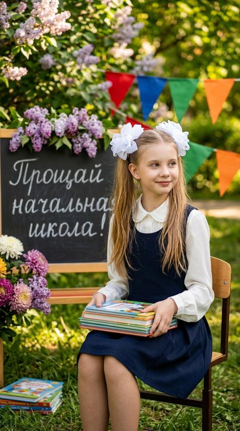 Without altering the appearance of the girl from the photo, we are presented with a sweet outdoor scene, filled with the warmth and vibrant colors of a spring day. The girl, with her hair adorned with two snow-white bows, sits on a light wooden chair, turned slightly to the right, with a gentle smile radiating innocence and joy. She is wearing a white long-sleeved blouse with a neat collar, underneath which is a dark blue school pinafore dress with wide straps hanging loosely at the sides. In her hands, she holds a neatly stacked pile of books with multi-colored spines, adding to the academic atmosphere. Light gently falls from the left, casting soft shadows that give volume to her figure and create an atmosphere of lightness and comfort. On the green grass, next to the girl, stands another taller stack of books against a black chalk board, decorated at the top and bottom with lilacs and chrysanthemums. On the board, written in chalk, are the words "Goodbye, Elementary School!", which gives the scene thematic significance, symbolizing the end of the school year. In the blurred background, colorful paper flags — red, blue, green, and orange — flutter, giving the frame a festive and joyful mood. Lilac bushes are visible in the background. The entire composition is rendered in warm, green tones, which emphasize the atmosphere of celebration and the awakening of new knowledge in an autumnal forest setting. Light, refracting through the foliage of the trees, creates soft highlights and diffused shadows that add depth and vibrancy to the picture. The overall photographic style resembles cinematic framing with a pastoral touch, where every detail is highlighted by light and shadow, and the colors seem to breathe comfort and educational inspiration, a photorealistic image, high textural detail, high quality, 8K resolution.
