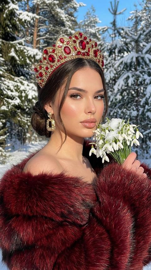 Создай крупный портрет, не меняя черты лица. Крупный Портрет в русском стиле.
Девушка в пышной темно-красной шубе с длинным мехом стоит в зимнем лесу.
Камера снимает её по плечи, подчёркивая её силу и элегантность.
• Образ: Темно-красная шуба с длинным мехом, приспущенная на плечах, создающая атмосферу роскоши и тепла.
Головной убор в стиле кокошника с золотыми украшениями и драгоценными красными камнями.
Серьги золотые, сверкающие на солнечном свете.
Лицо с безупречным макияжем сияющее, лёгкий блеск на губах, кожа переливается, светлый румянец. Она держит букет подснежников возле лица, на них лёгкий снежок. Ее волосы собраны в низкий пучок, прядки у лица.
заснеженные деревья, яркое зимнее солнце, чистое голубое небо.
Стиль: Vogue Editorial, high-fashion,
ультрареализм, богатая палитра, естественное
солнечное освещение, 8к Создай крупный портрет, не меняя черты лица. Крупный Портрет в русском стиле.
Девушка в пышной темно-красной шубе с длинным мехом стоит в зимнем лесу.
Камера снимает её по плечи, подчёркивая её силу и элегантность.
• Образ: Темно-красная шуба с длинным мехом, приспущенная на плечах, создающая атмосферу роскоши и тепла.
Головной убор в стиле кокошника с золотыми украшениями и драгоценными красными камнями.
Серьги золотые, сверкающие на солнечном свете.
Лицо с безупречным макияжем сияющее, лёгкий блеск на губах, кожа переливается, светлый румянец. Она держит букет подснежников возле лица, на них лёгкий снежок. Ее волосы собраны в низкий пучок, прядки у лица.
заснеженные деревья, яркое зимнее солнце, чистое голубое небо.
Стиль: Vogue Editorial, high-fashion,
ультрареализм, богатая палитра, естественное
солнечное освещение, 8к