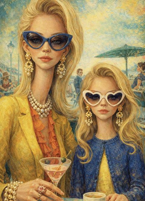 Surreal mid-century editorial illustration of an eccentric version of the person in the photo and a [kinder] inside a stylish [Location], elongated proportions, exaggerated narrow faces, deadpan expressions, oversized accessories, bizarre fashionable atmosphere, painterly brush textures, distorted anatomy, subtle lowbrow surrealism, sophisticated absurdity, vivid retro color palette dominated by [Color], [Color], and [Color], expressive oil-painted strokes, fashionablevintage clothing, dramatic jewelry and eyewear, whimsical background characters softly blurred in distance, elegant café culture energy, cinematic composition, textured painted background, contemporary art gallery meets 1960s Riviera illustration, highly stylized editorial aesthetic, vertical composition 9:16