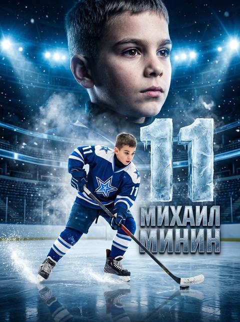 Cinematic ice hockey poster, double exposure and collage composition, professional sports photography style.
Background (Portrait): A large, high-detail portrait of a hockey player in the upper right, looking away with a focused and determined expression. The lighting is cold and crisp, with bright stadium floodlights creating a lens flare effect.
Foreground (Action): In the center, a full-body shot of the same hockey player in a dynamic skating pose, holding a hockey stick. The player is wearing a blue and red professional hockey jersey with white stripes. Sharp ice shards and a spray of white snow (ice dust) are flying out from under the skates as the player carves the ice.
Artistic & Graphic Elements:

The player is standing on a professional ice rink with a large team logo painted on the ice beneath them.
In the background, a modern illuminated hockey arena building at night with red and blue neon lights.
Text across the middle: "{FULLNAME}" in a bold, frost-textured sporty font, positioned symmetrically around the central figure.
A decorative team monogram/logo in the lower right corner, rendered with an icy frost-engraved effect on the rink surface.

Atmosphere & Lighting: Cold winter atmosphere, dramatic blue and red lighting, bright stadium spotlights (rim light), high contrast. Particles of ice and glowing embers are scattered throughout the air.
Technical Specs: Ultra-realistic, 8k resolution, highly detailed fabric texture of the jersey, realistic ice reflections, sharp focus, professional sports advertisement layout, cinematic color grading with deep blues and vibrant reds