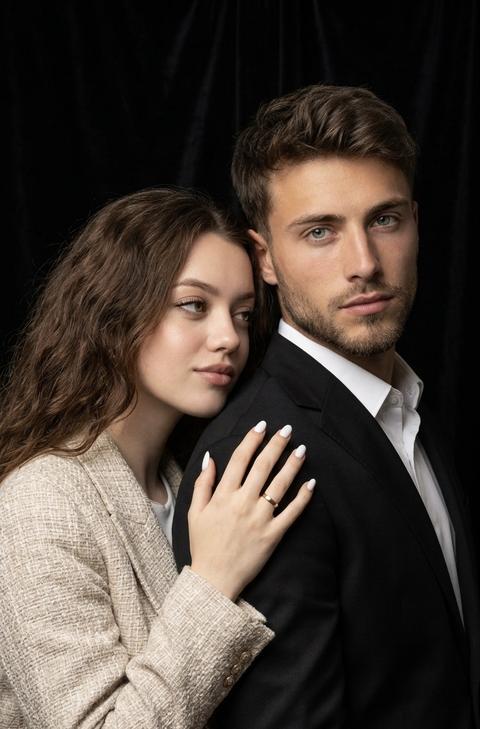 Не меняя внешности людей с фото, перед нами предстает выразительный портрет двух человек на фоне глубокого чёрного цвета, создающего атмосферу интимности и насыщенной драмы. Первый мужчина, с коротко подстриженными волосами и аккуратной щетиной, повернут в полоборота к зрителю, его серьёзный взгляд направлен прямо вперед, создавая ощущение внутренней силы и уверенности. На нём строгий чёрный костюм с классическим воротником, ткань которого выглядит гладкой и матовой, он подчёркивает его мужской силуэт, сохраняя минимализм в аксессуарах и цветовой гамме. Вторая женщина, слегка наклонившаяся к мужчине, нежно обнимает его плечо, её рука с безупречно ухоженными ногтями, окрашенными в белый цвет, и на пальце виден изящный кольцо, что добавляет тонкий акцент в композицию. 
Её  длинные волосы струящиеся, падают на плечо, обрамляя лицо с мягким, но выразительным макияжем, который подчёркивает её естественную красоту. На ней светло-бежевый пиджак с текстурой сложной, но аккуратной ткани, чей цвет контрастирует с тёмным костюмом мужчины, привнося лёгкость и теплоту в общую гамму. Свет, исходящий с левого бока, мягко освещает их лица, создавая деликатные тени, которые подчёркивают структуру кожи и рельеф костей лица, придавая снимку глубину и объём. Композиция кадра построена так, что взгляд плавно скользит от мужского лица к женскому, а затем к её руке, сохраняя эмоциональный контакт и визуальную гармонию. Всё это вплетено в атмосферу тихой, но мощной связи между двумя людьми, наполненную взаимным уважением и близостью, на фоне почти бархатной темноты, которая усиливает эффект камерного диалога и эмоционального напряжения, фотореалистичное изображение, высокая текстурная детализация, высокое качество, разрешение 8K.