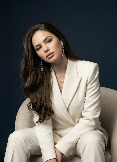 СТРОГО сохранить внешность 1:1 — лицо, черты, пропорции, текстуру кожи и тон без изменений, без ретуши. Формат 3:4. Ультрареалистичный editorial-портрет. Камера на уровне глаз, кадр от колен до макушки. Девушка сидит в кресле: низкое мягкое кресло с округлой спинкой и подлокотниками, светло-бежёвая тканевая обивка, деревянные ножки. Поза: корпус повернут влево на 55 градусов, правое плечо строго ближе к камере, корпус слегка наклонён вперёд расслабленно. Ноги слегка расставлены, ступни стоят на полу. Кисти рук расположены между ногами, пальцы расслаблены и направлены вниз. Подбородок немного поднят, уверенный взгляд направлен прямо в камеру. Одежда: молочно-белый структурированный брючный костюм с широкими плечами и прямыми брюками. Украшения: длинные серьги с прозрачными камнями и тонкое колье. Фон — глубокий тёмно-синий студийный градиент. Свет мягкий направленный сверху слева, лёгкая тень справа, высокая детализация тканей и кожи