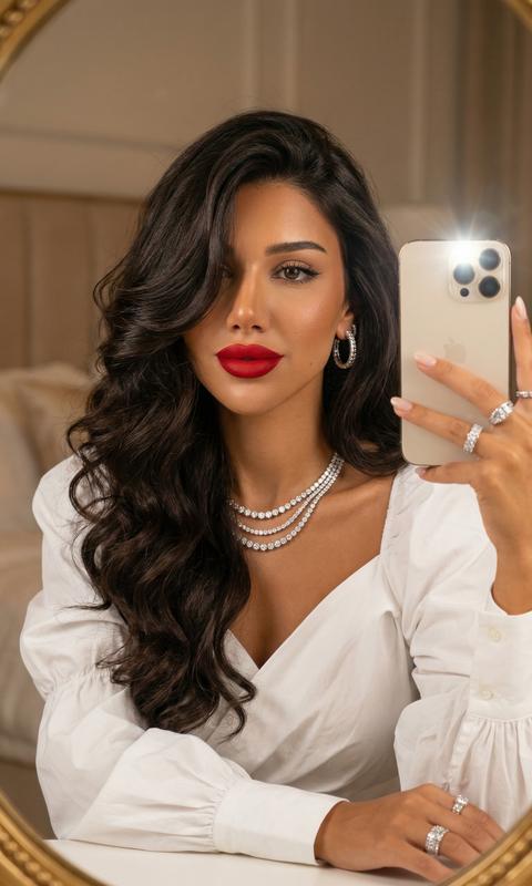 Используйте изображения в качестве эталона и создайте ультрареалистичный 8K Портрет загорелой  женщины , волосы волнистые , элегантно нанесена красная помада , сидит перед зеркалом, селфи на айфон 16 про мах бежевого цвета , у нее объемные волнистые  волосы, падающие на один из ее глаз, гламурный макияж с подводкой для глаз и интенсивной красной помадой. На ней белая блузка с пышными рукавами из мягкой ткани и роскошными аксессуарами, ожерелье и серьги с бриллиантами, несколько блестящих колец. Освещение теплое и мягкое, создавая изысканную и чувственную атмосферу, с четким фокусом на лице и украшениях, размытом нейтральном фоне.

Стиль редакционной фотографии красоты, с экстремальным реализмом и детализированной текстурой кожи.