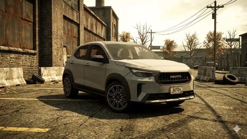 Render this image as an authentic, in-game gameplay screenshot from Need For Speed Most Wanted (2005) running on the EAGL 3 Game Engine. Fully reconstruct all vehicles 55 architecture, terrain, and props as polygonal 3D assets native to NFS MW.

Do not applv UI or HUD. The result should look like ar quthentic in-game screenshot captured All subjects must be converted into a native EAGL 3 game asset by simplifying its geometry to reflect 2005-era 3D modeling, featuring slightly visible polygon edges along curved surfaces, rigid panel gaps, and standard game-ready topology. The vehicle's paint must use mid-2000s shader behavior The environment must look like the grimy, industrial streets of Rockport City or Rosewood, featuring overcast autumn weather, bare trees, and low-resolution asphalt textures

Architecture and props should be modular and geometrically Apply the game's siqanature color grading. The lighting must feature aggressive bloom, overexposed skies, and high-contrast, hard
shadows.