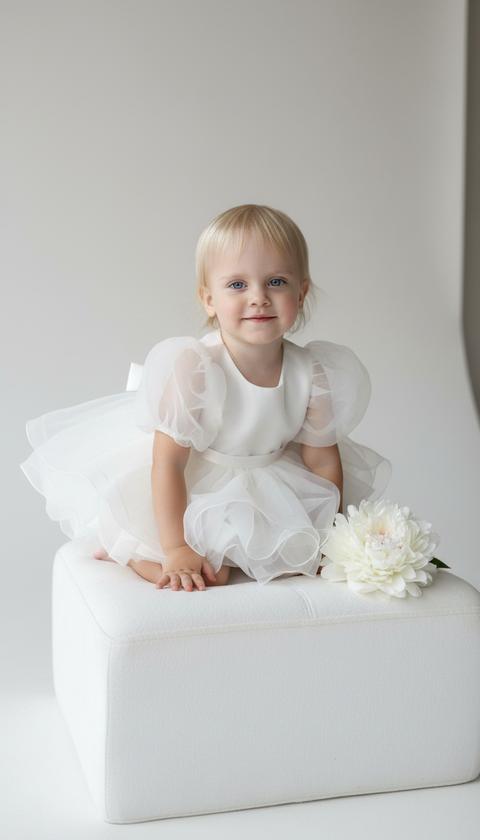 На фотографии девочка стоит на коленях на большом мягком пуфе. Она приподнялась, опираясь руками на колени, и смотрит прямо в камеру с застенчивой, мечтательной улыбкой. Её поза выражает легкое волнение и ожидание чуда.
Одежда и детали: короткое пышное платье из слоев белой воздушной органзы, напоминающее миниатюрный баллон. Платье украшено тонким атласным поясом с маленьким бантиком сзади.
Локация и фон: светлая студия с нейтральным фоном. Рядом с девочкой на пуфе лежит один крупный белый пион или гортензия, создающий нежный акцент.
Освещение: мягкий студийный свет, направленный сверху и спереди, создающий легкое сияние вокруг фигурки и подсвечивающий прозрачность слоев органзы.
Атмосфера: настроение — трогательное, нежное, сказочно-романтичное. Образ передает чистоту и детскую мечтательность. Цветовая палитра построена на оттенках белого и светлых пастельных тонах с акцентом на текстуру пышной ткани.
Высокодетализированный макро-портрет. Высокая детализация 4К.
Сходство 100%. Формат 3:4.