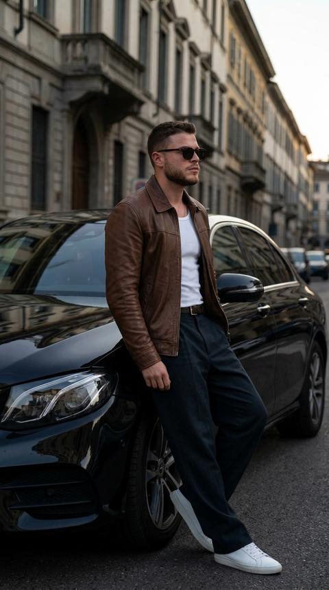 Without altering the man's appearance and hairstyle from the photo, with hair free of bald spots and maintaining its length, a confident man stands before us, leaning one hand against the body of a black car, whose door is ajar. His body is slightly turned to the right, his gaze directed the same way, creating a sense of concentration and contemplation. The man is dressed in a stylish brown leather jacket without pockets, its material softly reflecting the diffused light. Beneath the jacket is a simple white T-shirt, thick and slightly form-fitting, adding contrast to the dark tones of the clothing. He also wears dark, wide trousers with a belt and white sneakers, which stand out against the overall dark background of the outfit; their texture and laces are clearly visible. Light falls from the left side, clearly accentuating the contours of his face and creating soft shadows on his skin and clothing, adding depth to the composition. Meanwhile, the background and the building's door are enveloped in a dimmer, natural light, harmoniously integrating the overall atmosphere of the urban landscape in gray-beige tones. The man's posture and expression are conveyed with precision; his facial features and individuality are fully preserved, although his eyes are partially hidden by dark sunglasses, creating a slight hint of mystery. The overall tone of the shot is cinematic – a balanced combination of soft natural lighting and expressive shadows, giving the scene dynamism and a rich color palette, bringing to life the urban motif of a calm yet tense atmosphere, photorealistic image, high texture detail, high quality, 8K resolution.